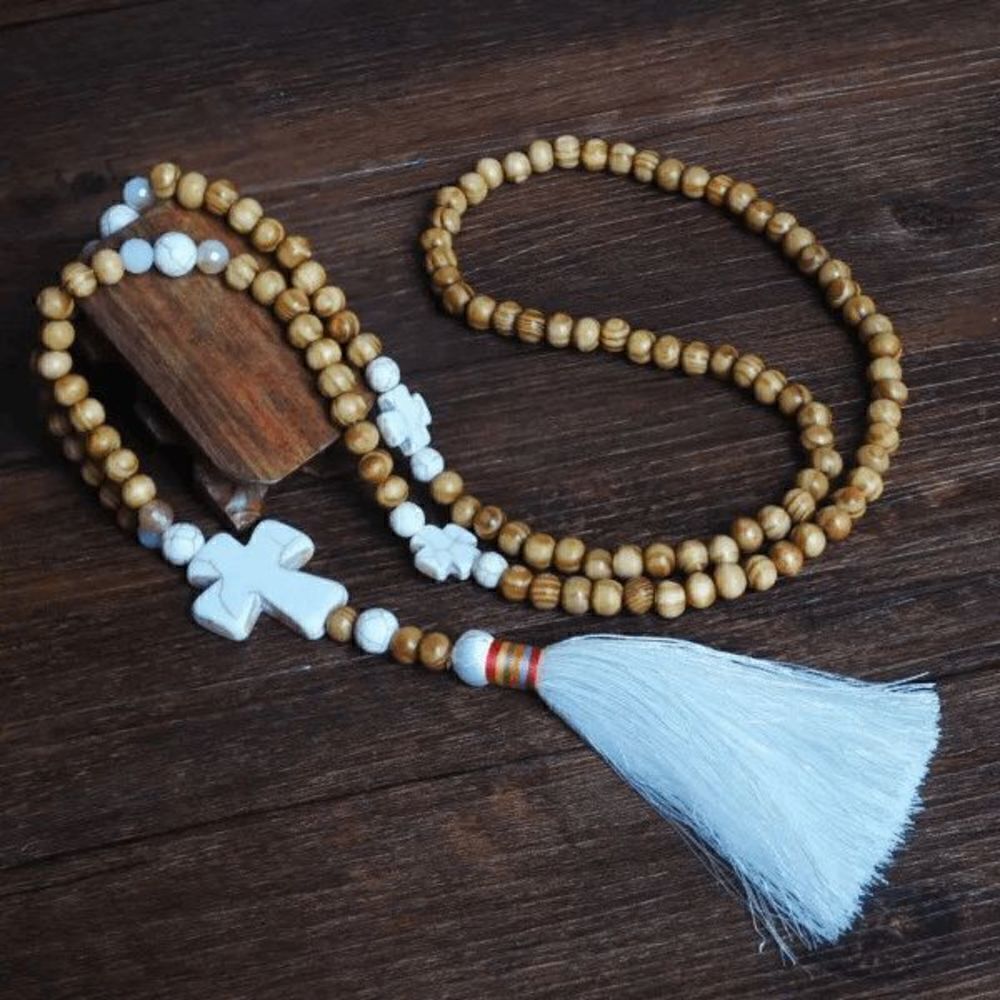 WHITE BUFFALO TURQUOISE WOOD BEADED CROSS TASSEL SWEATER NECKLACE